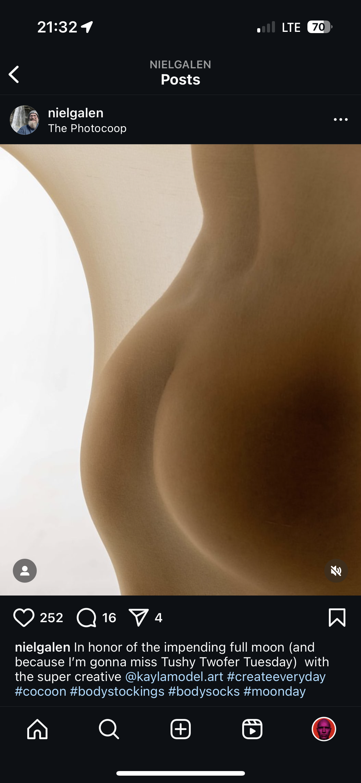 he image shows an instagram post by the user "nielgalen," also known as "the photocoop." the post features a closeup, artistically lit photograph of a woman's nude buttocks.  the caption explains that the photo is in honor of the full moon and references missing a tuesday event.  hashtags include #createeveryday, #cocoon, #bodystockings, #bodysocks, and #moonday. the post includes the standard instagram interface elements, including like counts, comment counts, and share options. the overall aesthetic is sensual and artistic.
