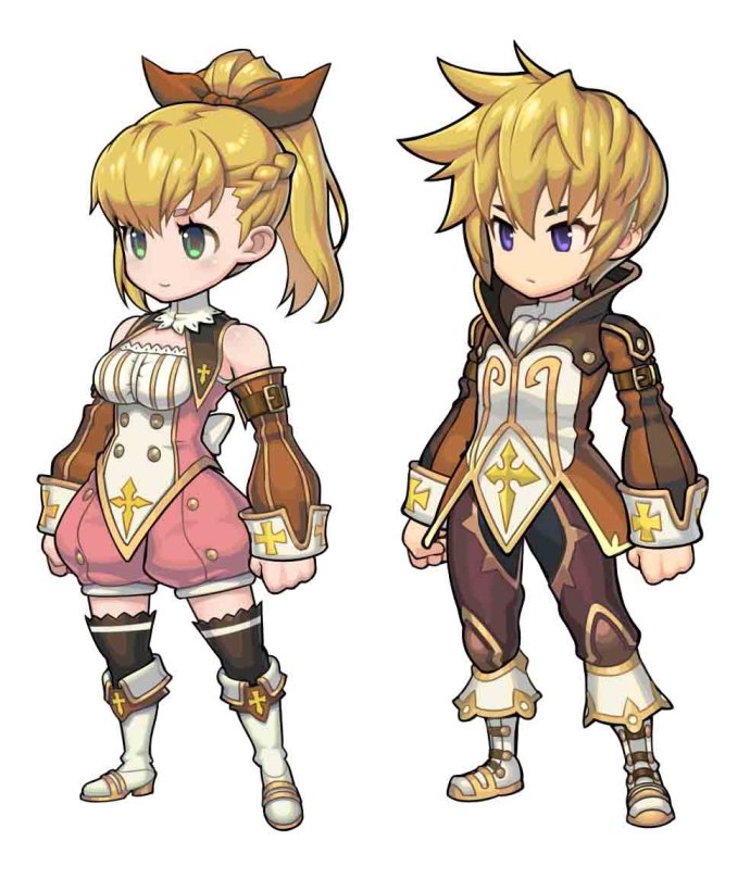 the image depicts a male and female anime character in chibi style. the girl is wearing a pink dress and boots, and the boy is wearing pants and boots. both characters are smiling and holding swords. they appear to be from a fantasy game.