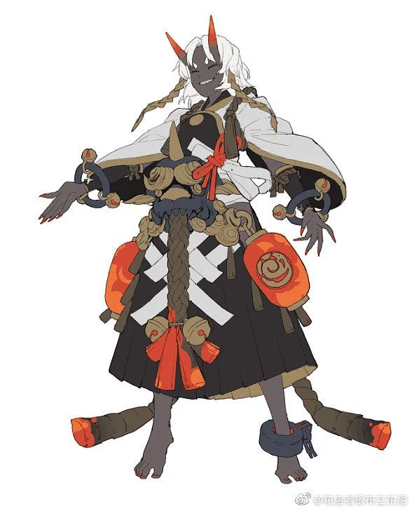 the image showcases a detailed character design of a female oni, a type of japanese demon. she has dark skin, long white hair styled in braids, and distinctive red oni horns. her attire is a blend of traditional japanese clothing with fantastical elements.  she wears a darkcolored kimonolike garment adorned with orange and gold details, including what appear to be bells or charms.  a large, ornate oni mask is affixed to her back.  the overall style is a mix of anime and concept art aesthetics, suggesting a potential character for a video game or similar media. the artist's signature or watermark is visible in the bottom right corner.