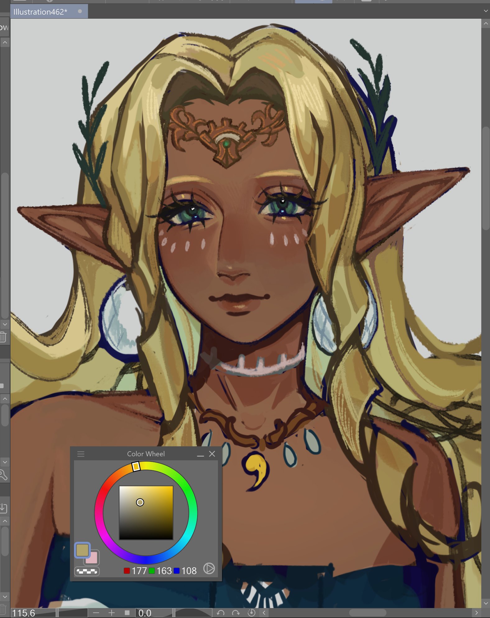 a digital illustration of a female elf character with long blonde hair, green eyes, and brown skin. she is wearing a gold headband with a green gem and a necklace with a gold pendant. she is wearing earrings. the illustration is done in a cartoon style. the background is white.