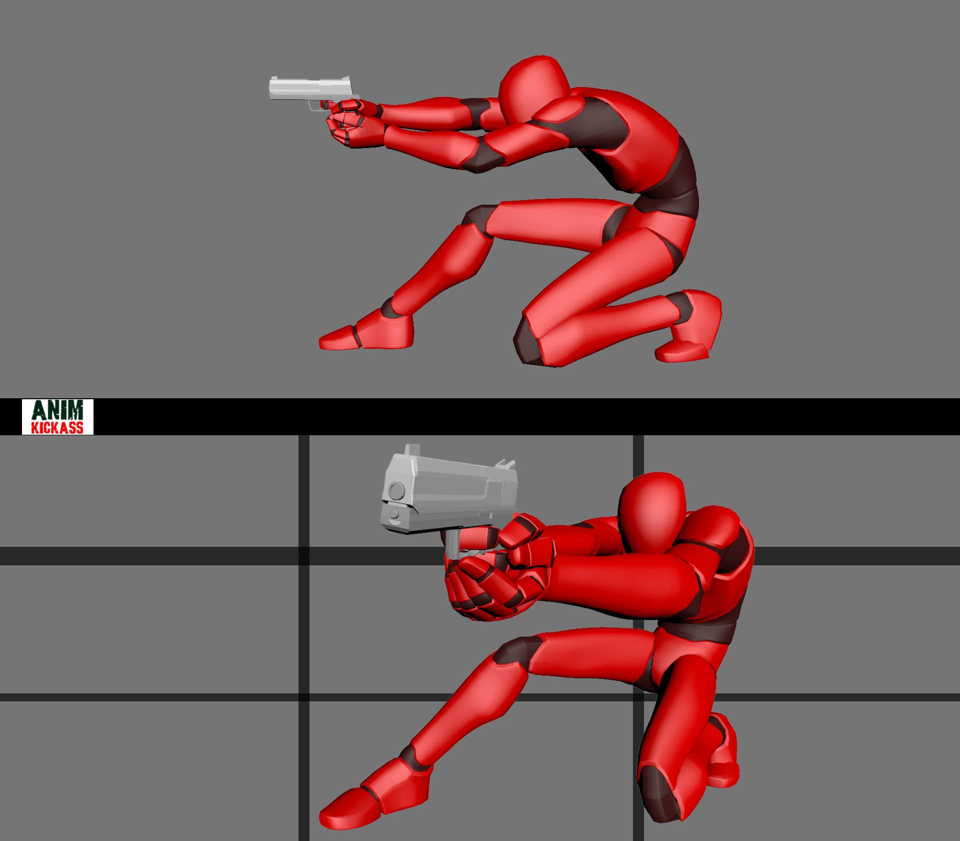 the image shows two different poses of a red humanoid figure holding a handgun. the top figure is kneeling with their body bent forward, aiming the gun, while the bottom figure is in a more grounded kneeling position with the gun aimed forward. the background is a plain grey.