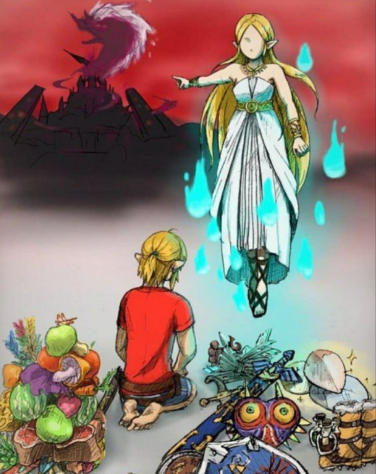 this image depicts a scene from the popular video game series, the legend of zelda. it features link, the protagonist, kneeling before princess zelda who appears to be floating in the air, surrounded by a glowing blue aura. in the background, there are dark structures that suggest a castle or fortress. the image is drawn in a cartoon style, with vibrant colors and intricate details. this image likely reflects a significant moment in the zelda storyline, possibly involving a confrontation with a powerful enemy.