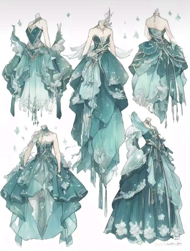 a digital illustration showcasing six variations of a flowing, ethereal gown design. the gowns share a common theme of cascading layers, intricate details, and a palette of seafoam green, teal, and white. each design presents a unique silhouette and embellishments, ranging from delicate floral appliqués to shimmering accents.  the artwork evokes a sense of fantasy and elegance.