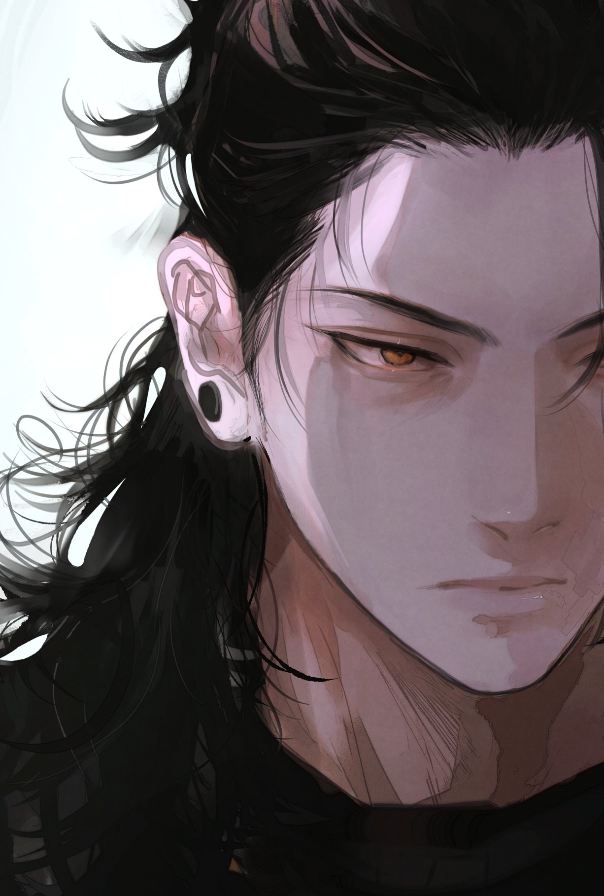 a closeup digital art portrait of an anime boy with long black hair tied back. he has a serious expression and is looking to the right of the frame. the background is a soft white. he is wearing an earring.  there is a shadow covering part of his face, adding mystery to the character.