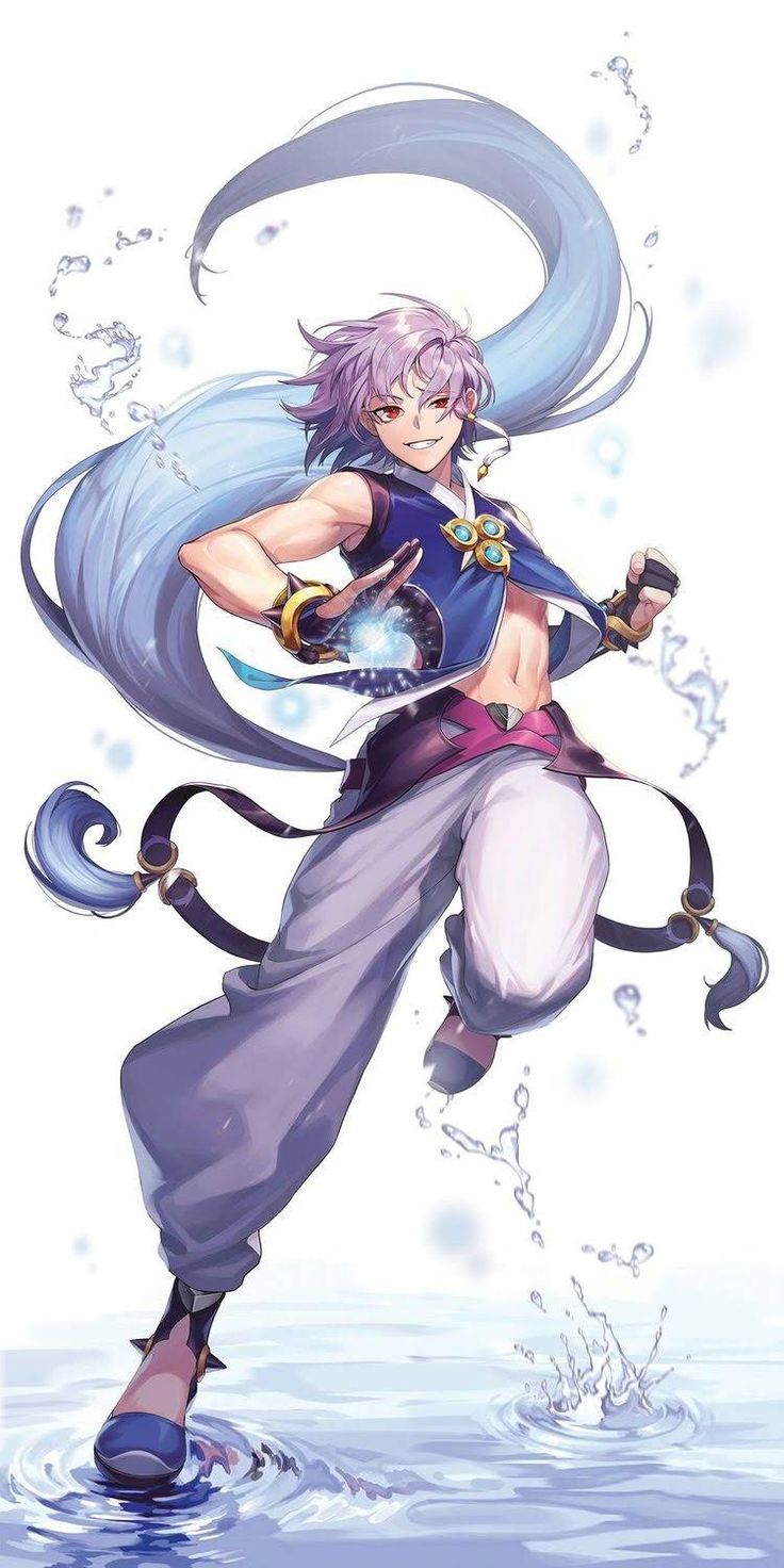 this is an anime style illustration of a male character with long blue hair and a purple and white outfit. he is holding a ball of blue water magic in his hand and looks like he is attacking. the image features water droplets surrounding the character. the background is a white and blue fade.