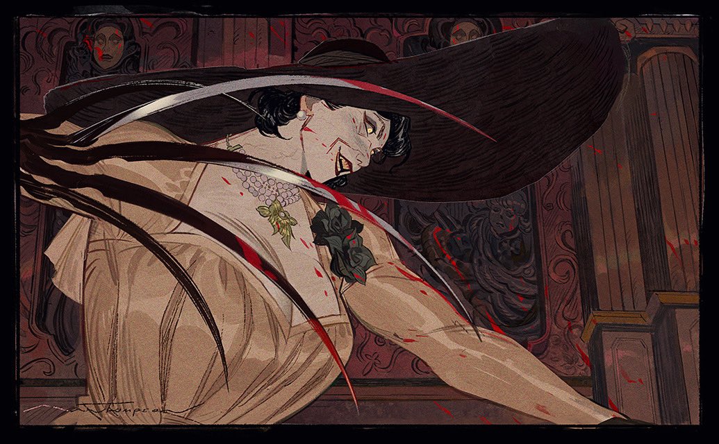 a digital illustration of a female vampire with long black hair and a wide brimmed hat. she has a sharp, cunning smile and blood on her white dress.  she has sharp claws and fangs. the background is dark and gothic with a pillar on the right and carvings on the wall behind her.  the image evokes a feeling of horror and the supernatural.  the artwork is stylized and detailed.