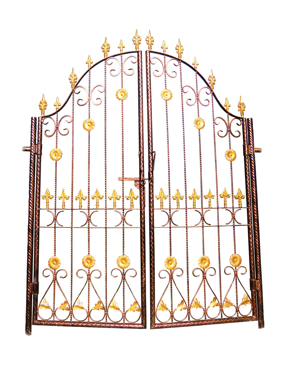 a detailed view of a wrought iron gate against a black background. the gate is made of dark metal with gold accents. it's elaborately designed with curls, spikes, floral motifs, and decorative elements. the gate is slightly open, suggesting an invitation or a glimpse of what lies beyond. the style is ornamental and evokes a sense of security and elegance.