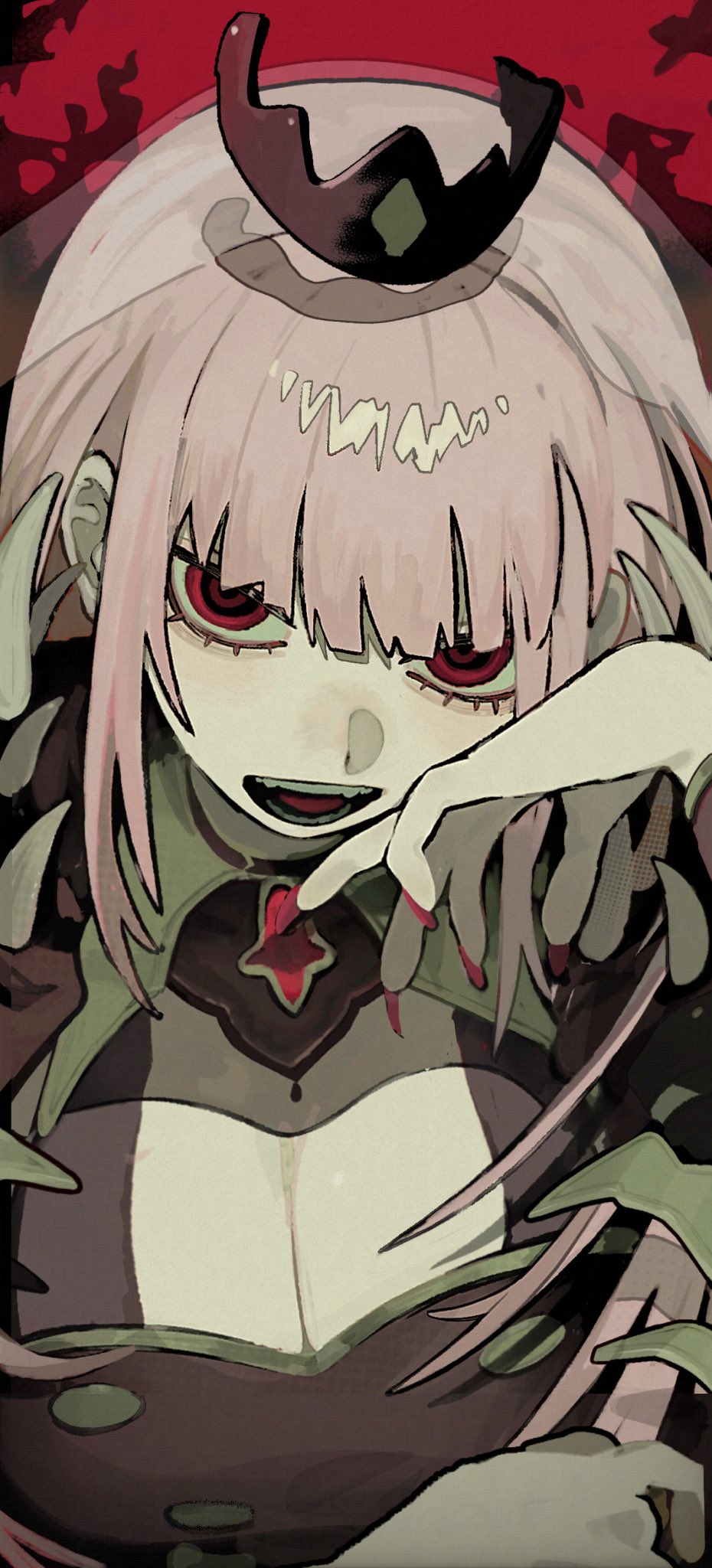 a closeup portrait of an anime girl with long pink hair wearing a crown. she is smiling with red eyes, and her hand is up to her face. she is wearing a dark green and black outfit, and the background is dark and red.
