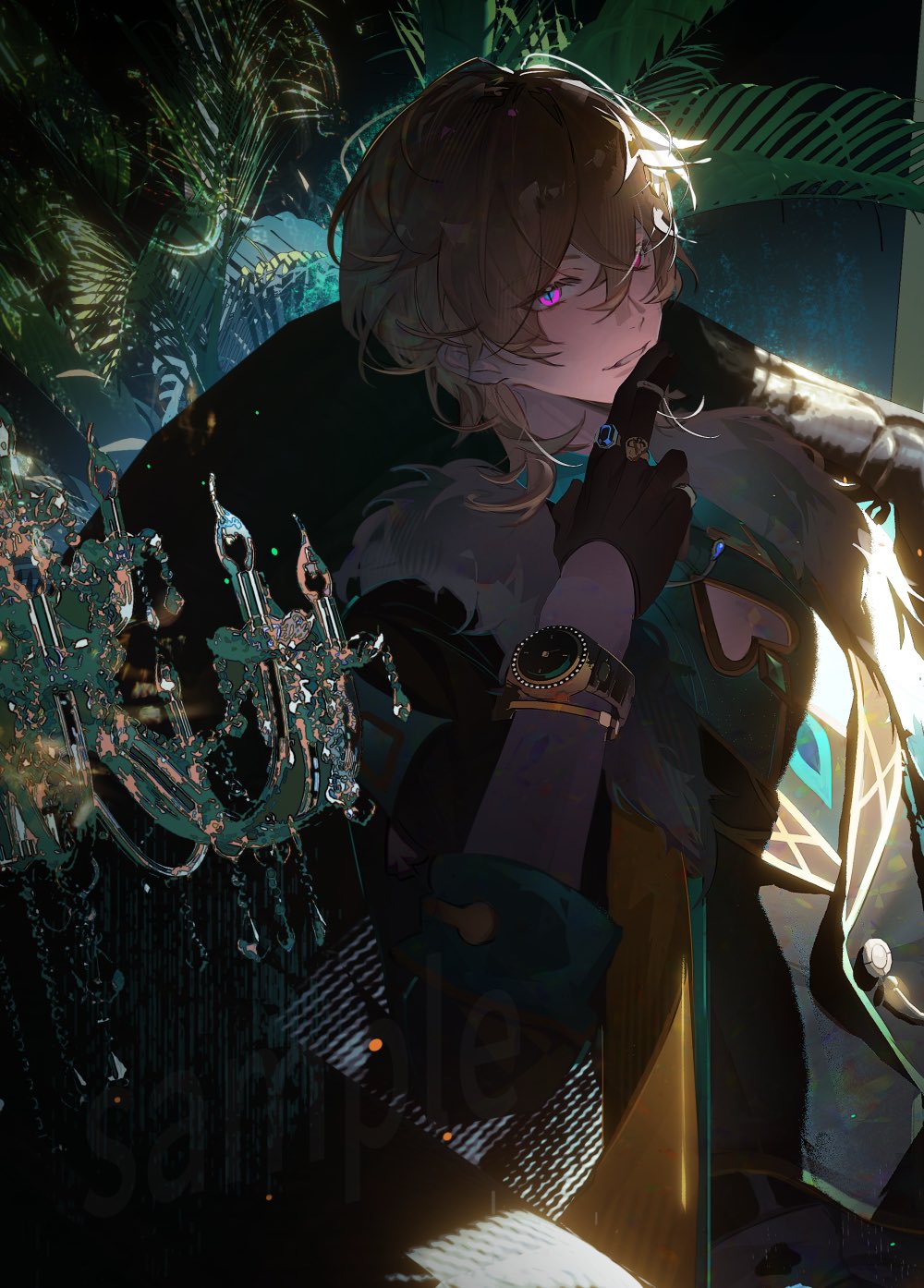 the image shows an animestyle illustration of a blondhaired male character with striking purple eyes. he is adorned with a watch on his left wrist and a ring on his right hand. he is wearing gloves and a coat with a distinctive fur collar. the background features plants and a shimmering chandelier, set against a predominantly dark color palette.