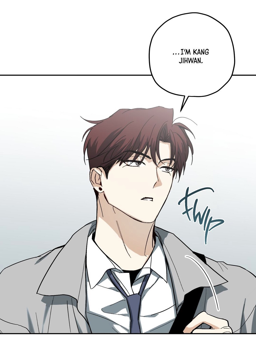 closeup illustration of a young man with brown hair, wearing a grey suit and a lightcolored shirt with a dark tie.  he has a serious expression on his face. a speech bubble above him introduces him as "…i'm kang jihwan." the style suggests a manhwa or webtoon illustration.  a stylized "fwip" sound effect is also visible.