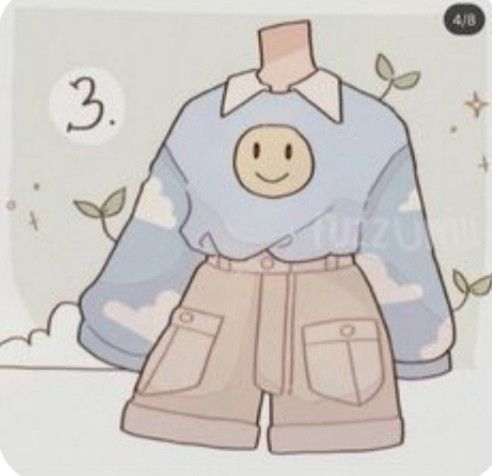 a cartoon drawing of a fashionable outfit for a girl or woman, consisting of a blue collared shirt with clouds and a smiley face, and beige cargo shorts. the style is cute, trendy, and pastel.