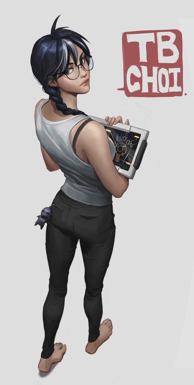 the image is a digital painting of an animestyle young woman viewed from behind. she has dark hair with a white streak, glasses, and is wearing a white tank top and black leggings. she is barefoot and holding a grey tabletlike device.  the artist's signature "tb choi" is prominently displayed in a red box. the style is realistic with a focus on rendering details like clothing texture and skin tones. the background is a simple, light grey.