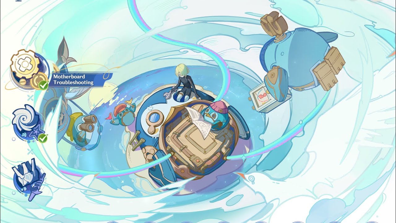 this is an illustration from a video game, featuring a female cartoon character in a black outfit and blonde hair, riding on a robot bird. the robot bird has a blue and gold color scheme with a large backpack that is open and showing a map.  the illustration has a magical and whimsical feel to it with rainbows, clouds, and floating islands. it also features a sense of adventure and exploration.
