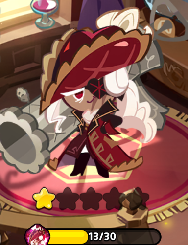 a screenshot of red velvet cookie from cookie run kingdom. the character is standing on a red and gold stage with a yellow star and three greyed out stars. the character's health bar shows 13/30.