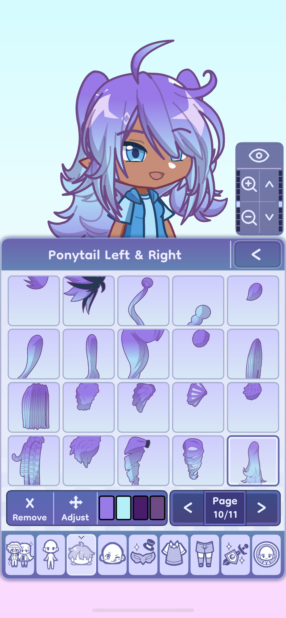 this image shows a screen from an avatar creator app.  the main focus is a cute animestyle girl character with long purple hair styled in a ponytail.  the screen displays various options for customizing the character's hair, including different ponytail styles and colors. there are also options for removing, adjusting, and choosing different page of available options. the interface includes buttons for navigation and zoom functionalities.  the overall aesthetic is pastel and whimsical. the bottom of the screen shows additional customization options including clothing items and accessories.