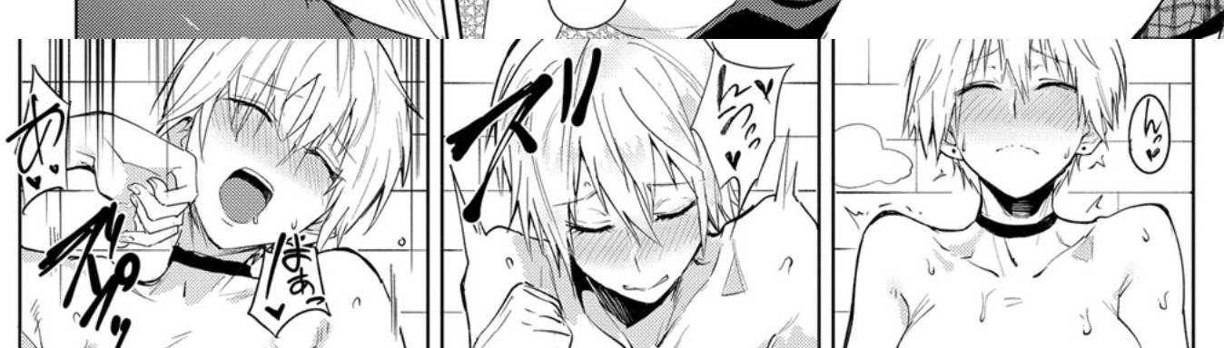 he image shows three panels of a manga depicting a young boy in various states of undress and arousal.  the panels show closeups of his face and upper body, with suggestive imagery and text suggesting a sexual or romantic encounter. the style is typical of explicit manga or hentai.  the characters are blushing and their expressions convey pleasure or excitement.