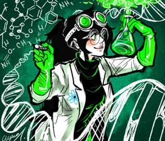 a cartoon illustration of a woman scientist with dark hair and green goggles conducting a chemistry experiment. she is wearing a white lab coat and green gloves, and holding a smoking green flask in one hand and a test tube in the other. the background is a vibrant green with drawings of dna strands, molecules, and chemical formulas.