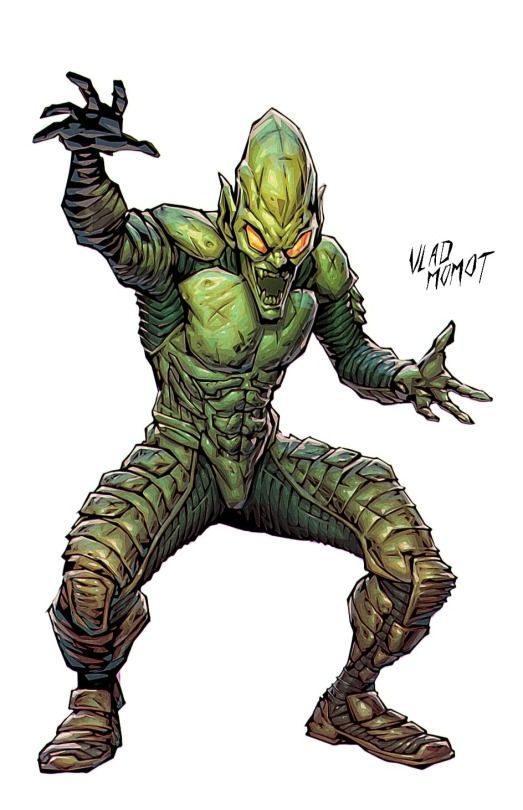 this image features a comic book illustration of the green goblin, a supervillain from the marvel universe. the character, portrayed in a green suit with a monstrous green mask, appears to be in a state of anger or rage. the image captures the villain's essence with detailed claws, gloves, and an intense expression on his face.