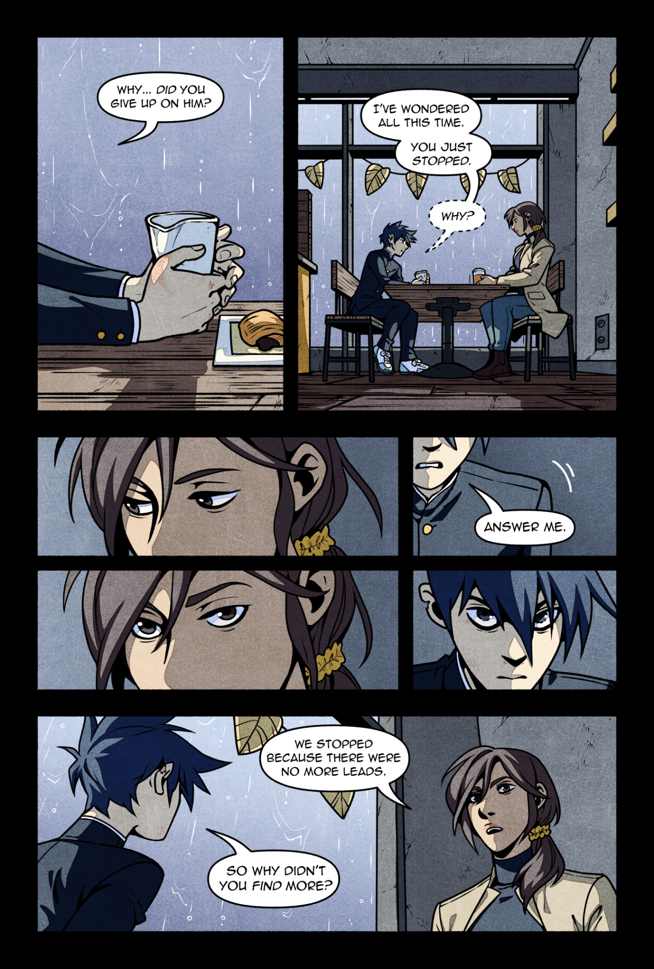 a page from a graphic novel shows a tense conversation between a man and a woman in a dimly lit cafe. the man with dark hair questions why they stopped looking for someone. the woman, who appears to have just taken a sip from a glass, seems hesitant to answer. the use of shadows and closeups emphasizes the serious and possibly confrontational nature of their exchange.