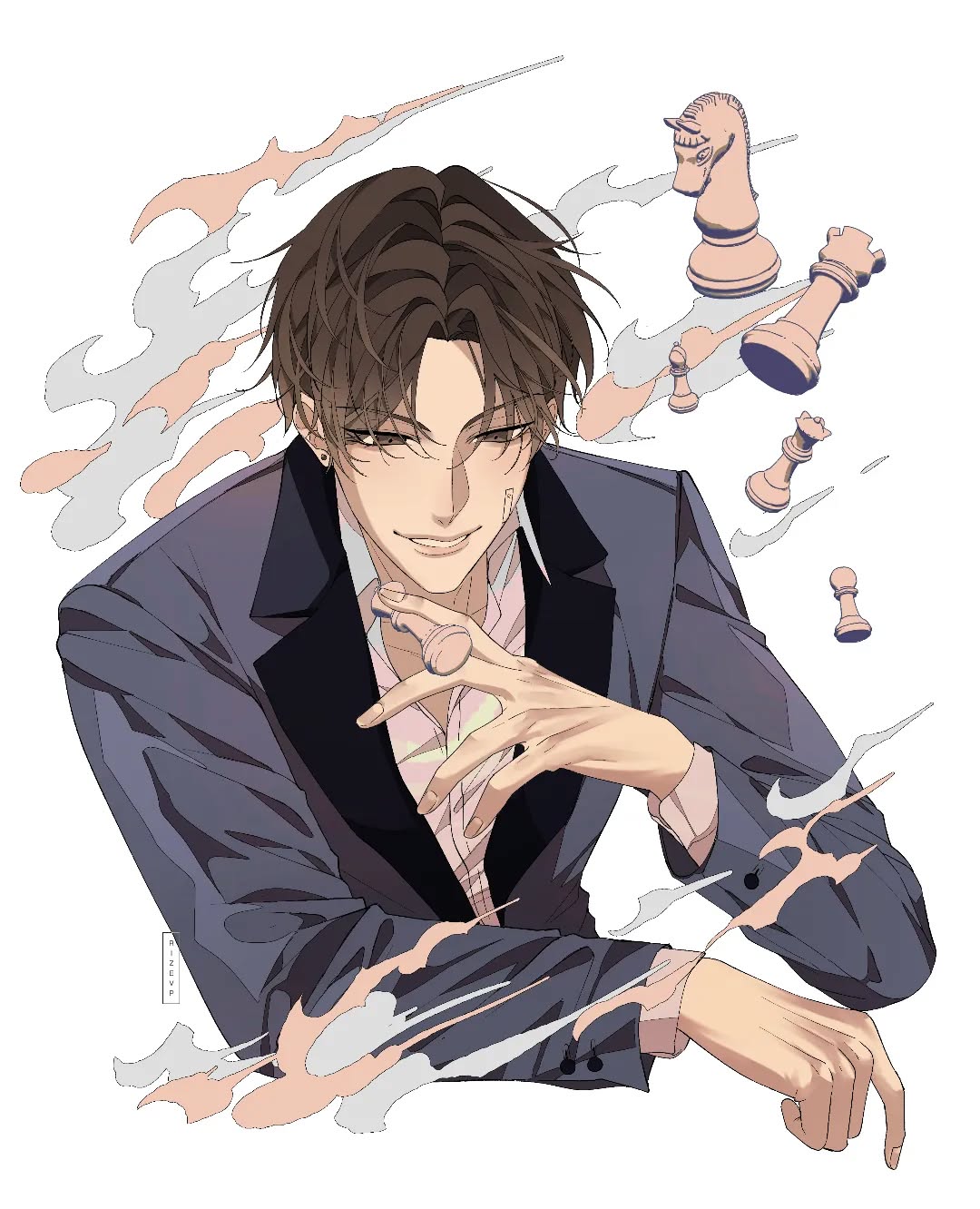 the image is a stylized digital illustration or artwork, possibly from a manhwa or anime source.  it depicts a handsome young man with brown hair, wearing a sophisticated gray suit and a subtle smirk. he is positioned slightly angled, with his hands gesturing near his face, suggesting confidence or strategy. surrounding him are floating chess pieces, adding to the theme of strategy and possibly implying a game or a particular personality trait. the background uses a pale peach and gray smoke or vapor effect, enhancing the dramatic presentation of the character. the art style is clean and modern, with attention to detail in the clothing and facial features.