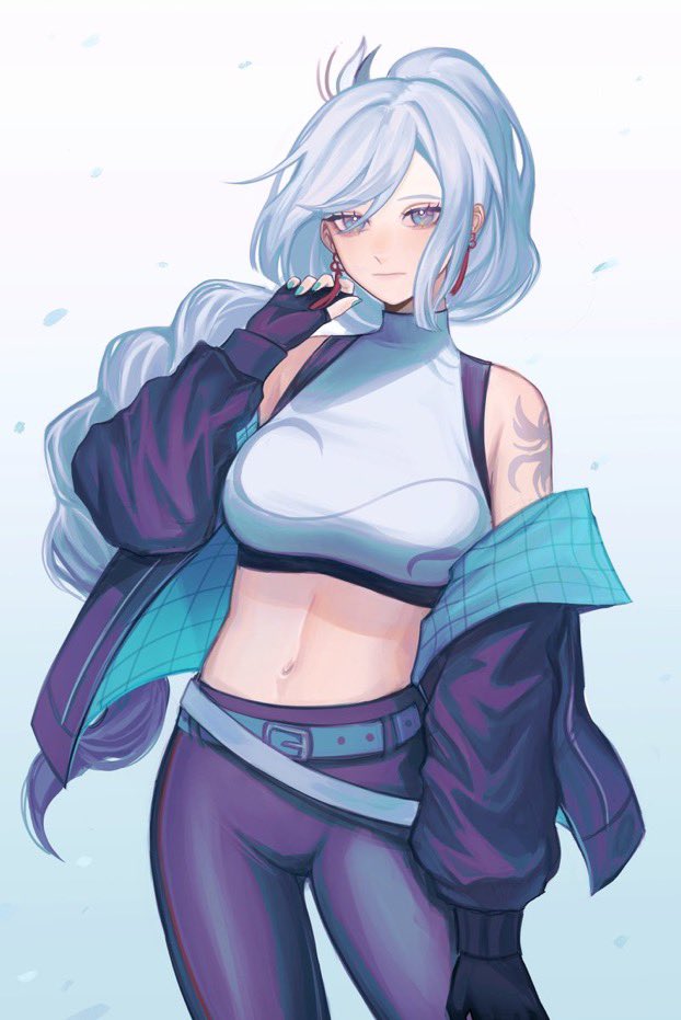 the image features a digital illustration of a young anime girl with long, flowing white hair, blue eyes, and a bright pink blush. she is wearing a stylish outfit consisting of a blue and purple jacket over a white crop top and blue and black leggings. she also has a blue and white checkered scarf around her shoulders. she has a silver belt around her waist and a tattoo on her left arm. her pose is confident and cool.  the background is a light blue, which helps to highlight the colors in her clothing and hair. overall, the image is a vibrant and stylish depiction of a young anime girl.