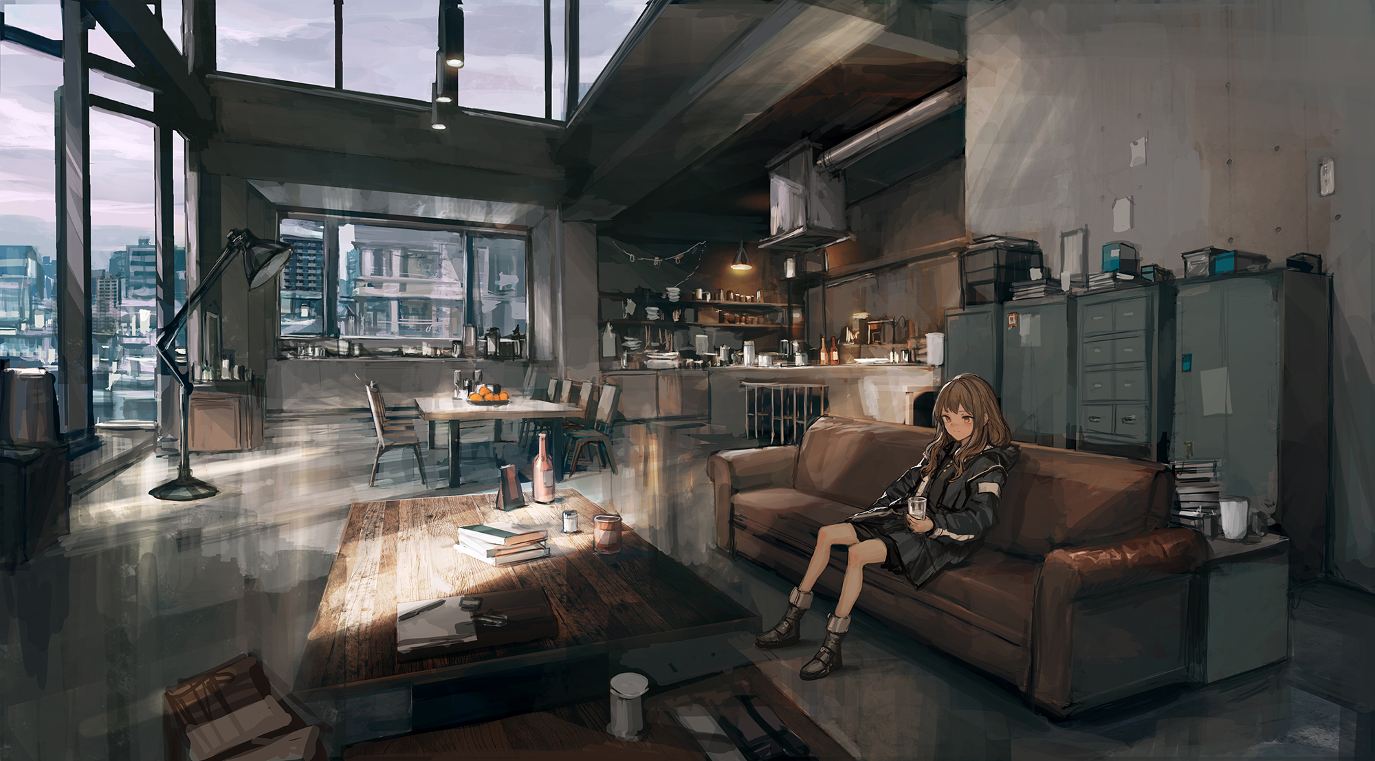 he image shows an animestyle girl sitting on a brown leather couch in a spacious, modern loft apartment.  large windows offer a panoramic view of a city skyline at either dusk or dawn. the apartment has a combination living and kitchen area with high ceilings. wooden furniture, including a large coffee table and a dining table, is visible.  the overall mood is peaceful and quiet, creating a serene atmosphere. the girl appears relaxed and content. a large floor lamp casts a soft light on the scene. the style is a blend of realism and anime, with a muted color palette.