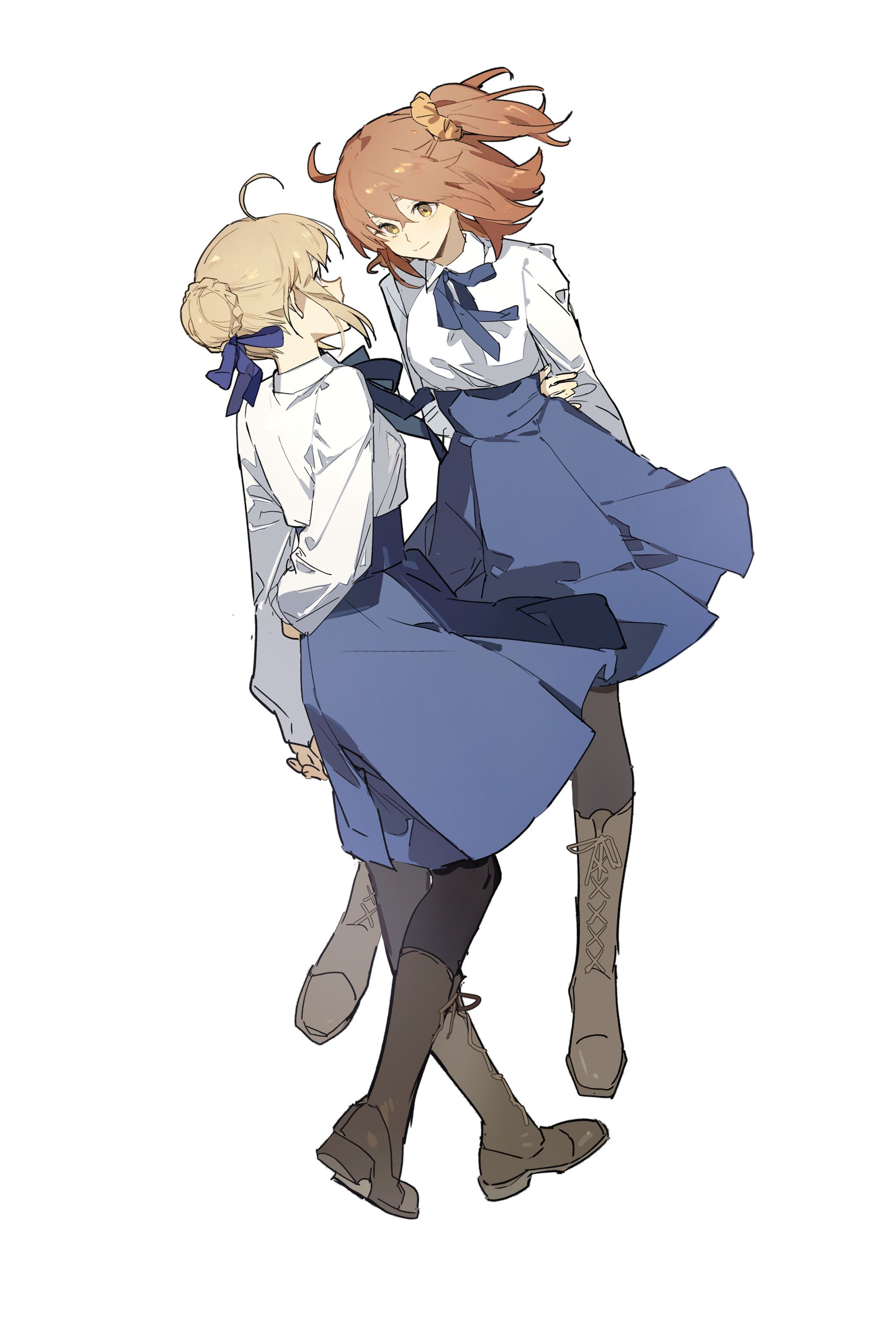 two anime style girls are in the image. one has blonde hair in a low bun tied with a blue ribbon, and the other has shoulder length brown hair with a tied up ponytail. they are both wearing white long sleeve shirts and blue skirts. the girl with brown hair is wearing brown boots and the girl with blonde hair is wearing tan boots. the brown haired girl has one arm around the blonde haired girls shoulder. they are both in a side view on a white background.