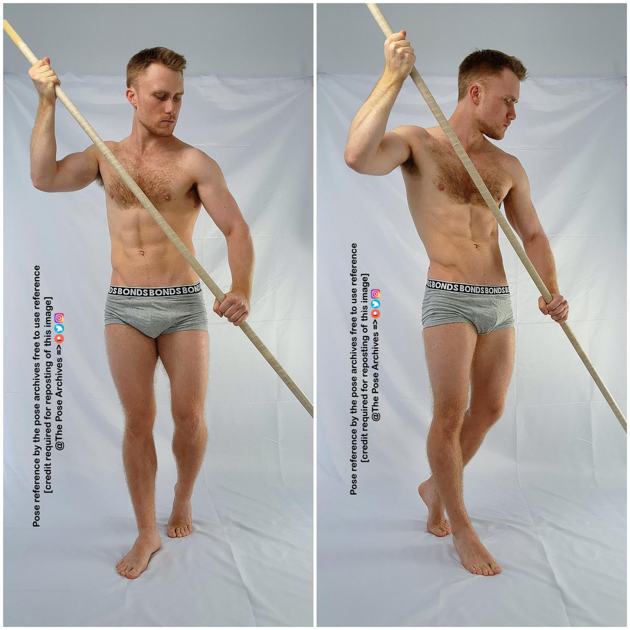 the image shows a man in two different poses, both holding a long staff. he is standing against a white background, and is wearing only grey underwear. the lighting is soft and even, and the perspective is at eye level.