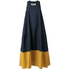 a navy blue and yellow sleeveless dress. it is made of cotton and has a casual, summery look. the dress is long and elegant.  the dress has a yellow bottom half with a blue top half.  there is a small tag on the chest of the dress that says "marimekko".