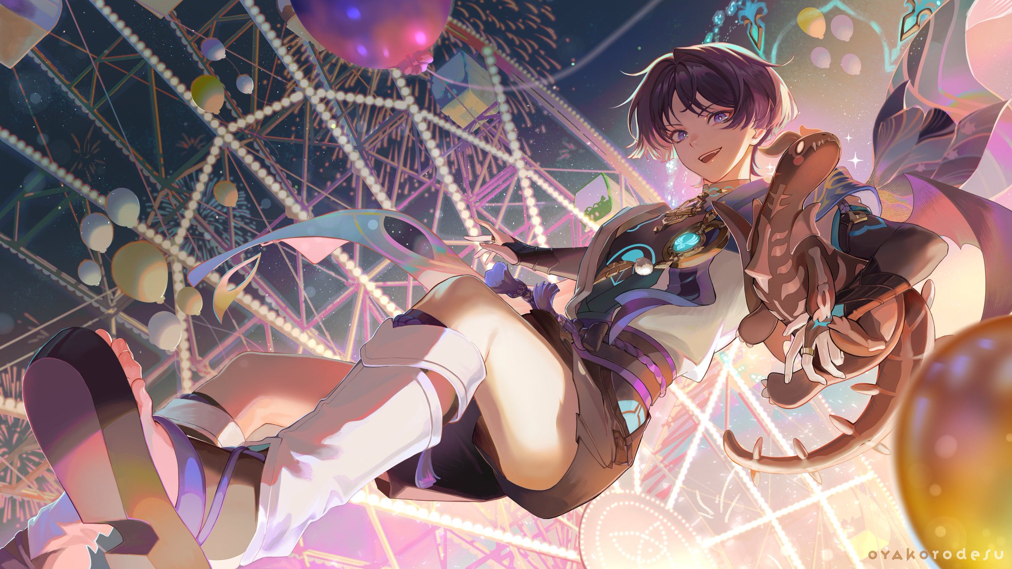 the image features an anime male character with purple hair, dressed in blue and white clothing, holding a  large brown dragonlike creature.  they are smiling and look happy as they float in the air. the background has a carnival setting with a ferris wheel and colorful lights. the scene is set at night.