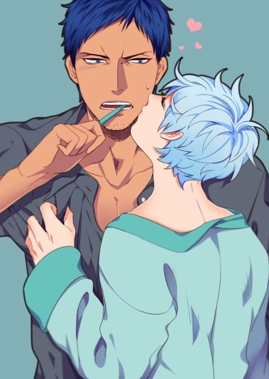 the image is a fanart depicting a romantic scene between two anime boys. one with blue hair and wearing a light blue pajamalike top is hugging the other from behind while the latter brushes his teeth. the boy brushing his teeth has short blue hair and is shirtless. the background is a simple teal color.  the overall mood is intimate, sweet, and tender.  the style is consistent with anime and manga artwork with soft shading and coloring. small pink hearts are in the upper right indicating affection.