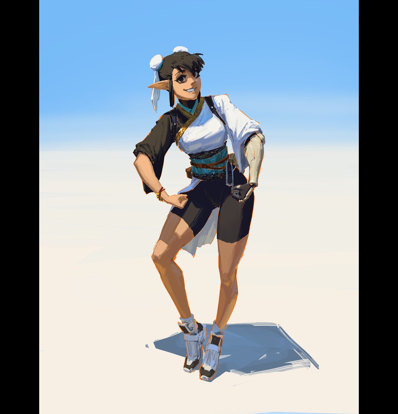 the image is a digital painting of a female fantasy character, possibly an elf, with a confident and sporty demeanor.  she possesses a prosthetic arm and is dressed in a blend of casual and athletic attire: a dark top,  white shirtlike garment, and dark shorts.  her footwear is white athletic shoes. her hair is short and tied up in buns. the background is a simple, lightcolored, almost white expanse, with a clear blue sky visible at the top. the overall style leans toward anime or manga, with a slightly painterly texture to the digital painting.  the character's pose and expression project an air of strength and determination.