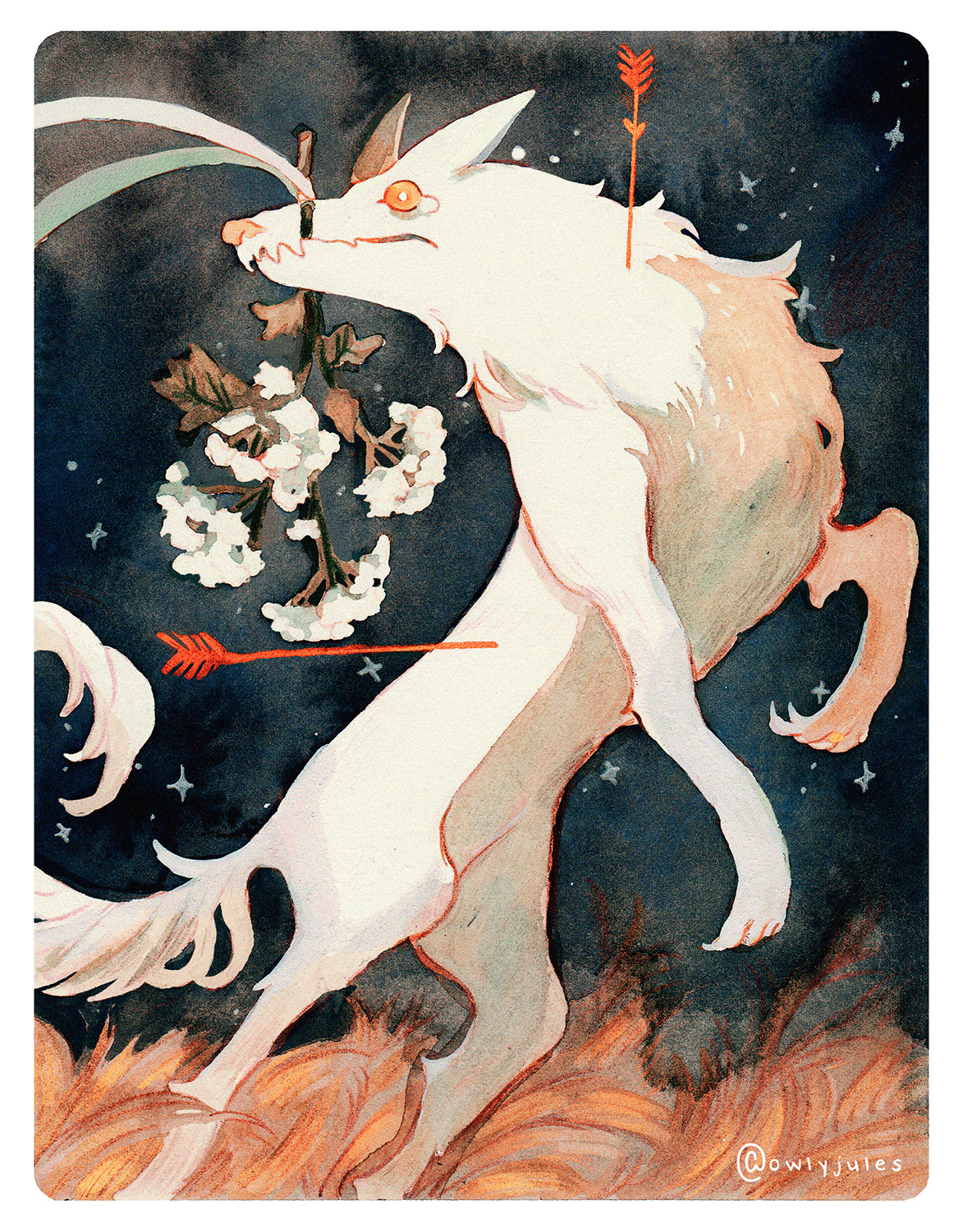the image is a watercolor painting of a whimsical, almost ethereal white wolflike creature. it's standing in a field of orangetoned grass under a dark night sky speckled with stars. the creature is pierced by two orange arrows, one of which is connected to a stem of white flowers it's holding in its mouth. the style is soft and dreamy, with loose brushstrokes and muted colors. the artist's signature, "@owlyjules", is subtly placed in the bottom right corner.