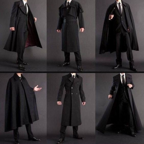 the image shows six men modeling different styles of long black coats. each man is wearing a black suit and tie underneath the coat, and they are standing against a gray background. the coats vary in style, from a traditional doublebreasted overcoat to a dramatic cape.