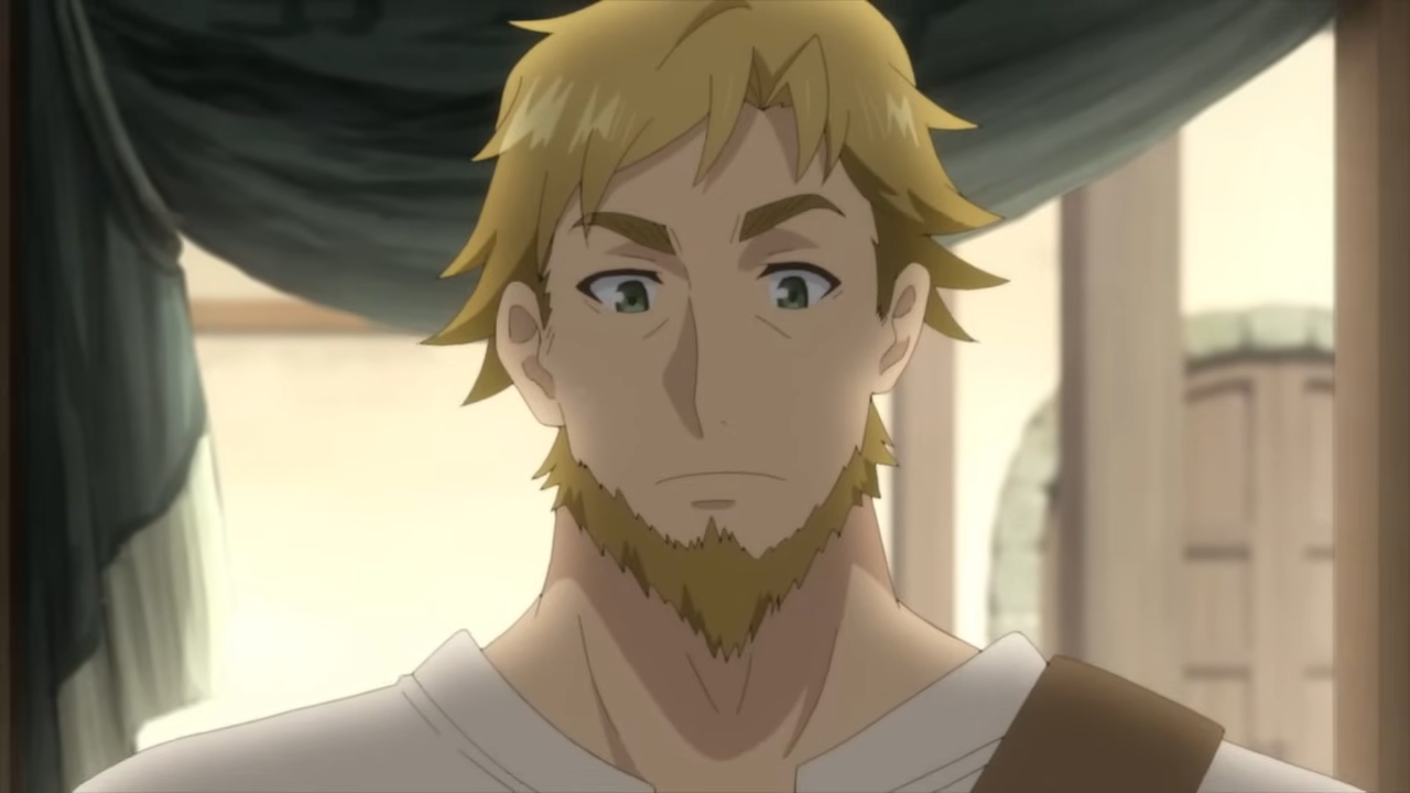 the image features a closeup shot of an adult male anime character with short blonde hair and a short blonde beard. he has a serious expression on his face. he's wearing a white, longsleeved, vneck tunic. the background suggests an indoor setting, potentially a home or tavern, with dark teal curtains and wooden furniture. the lighting is soft, creating a warm and somewhat subdued atmosphere.  content: portrait character man people: man environment: indoors lighting: soft perspective: closeup kw: anime serious blonde  beard tunic curtains wooden furniture