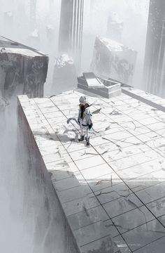 a lone figure with white hair and attire, equipped with a bow and arrow, stands atop a weathered, white stone platform. the platform is part of a larger ruined structure, with broken pillars and scattered debris visible in the background. the atmosphere is foggy, with a soft, diffused light emanating from the cloudy sky. the overall color palette is predominantly cool grays and whites.