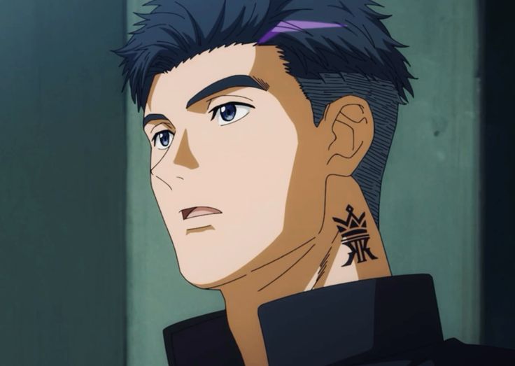 this closeup image shows the face and neck of an anime man with dark hair and a tattoo on his neck. the man is wearing a dark jacket. the lighting in the image is soft.  the background is a dark color.