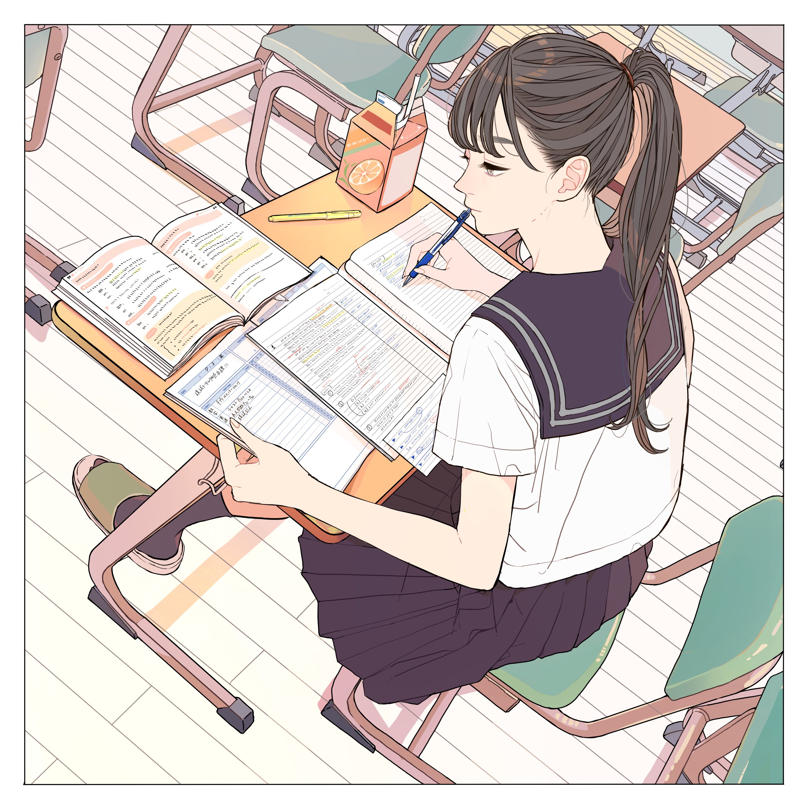 a drawing shows a young woman in a school uniform sitting at a desk and doing schoolwork. she is writing in a notebook and has a textbook open in front of her. a juice box sits on the corner of her desk. the scene is in a classroom with many desks and chairs.