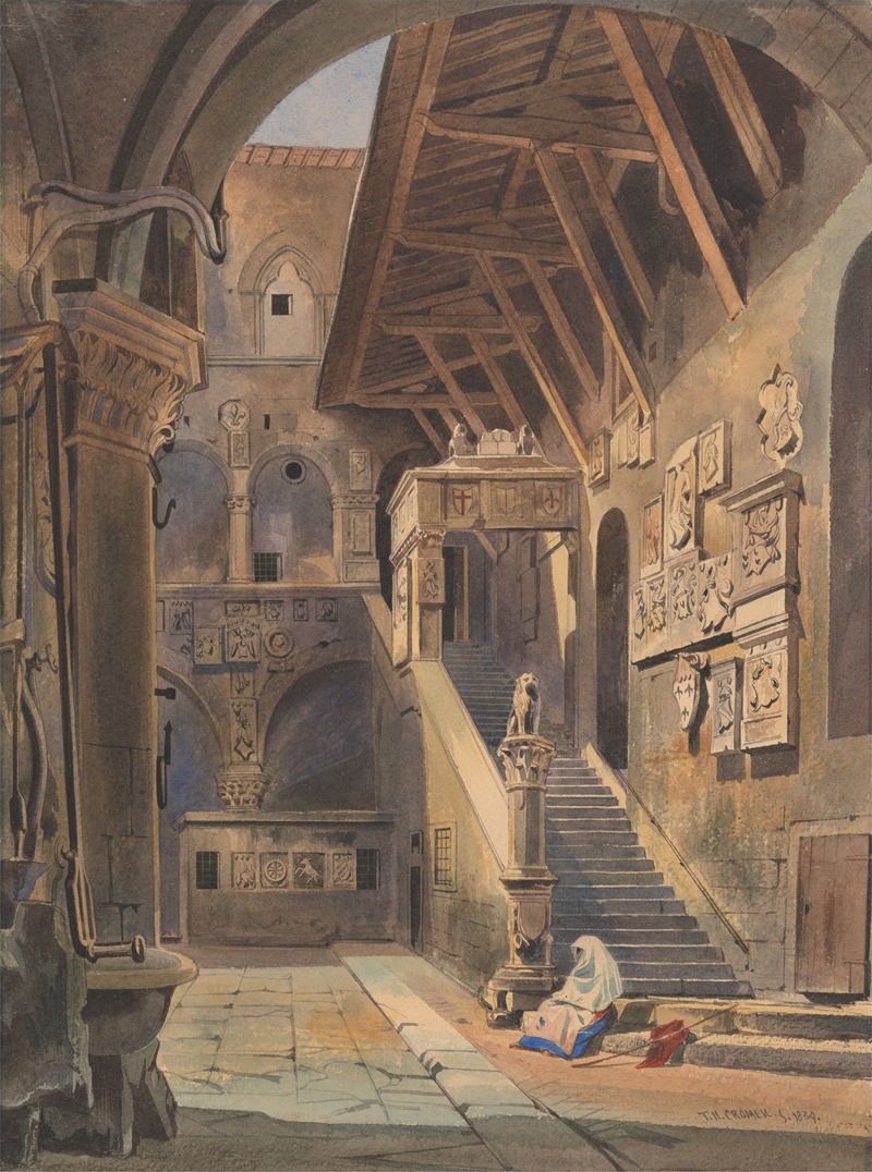 the image presents an interior architectural space with a mix of architectural styles. there is a central staircase with a platform above supported by columns, with a lion sculpture placed at the base of the stairs. to the left of the stairs is a series of arches and relief decorations on the walls. to the right of the staircase, the wall is adorned with carvings and shields. a figure seated near the base of the stairs wears a white covering and a blue robe. the architecture features a variety of stonework and design elements, with light and shadows creating depth and texture in the composition.