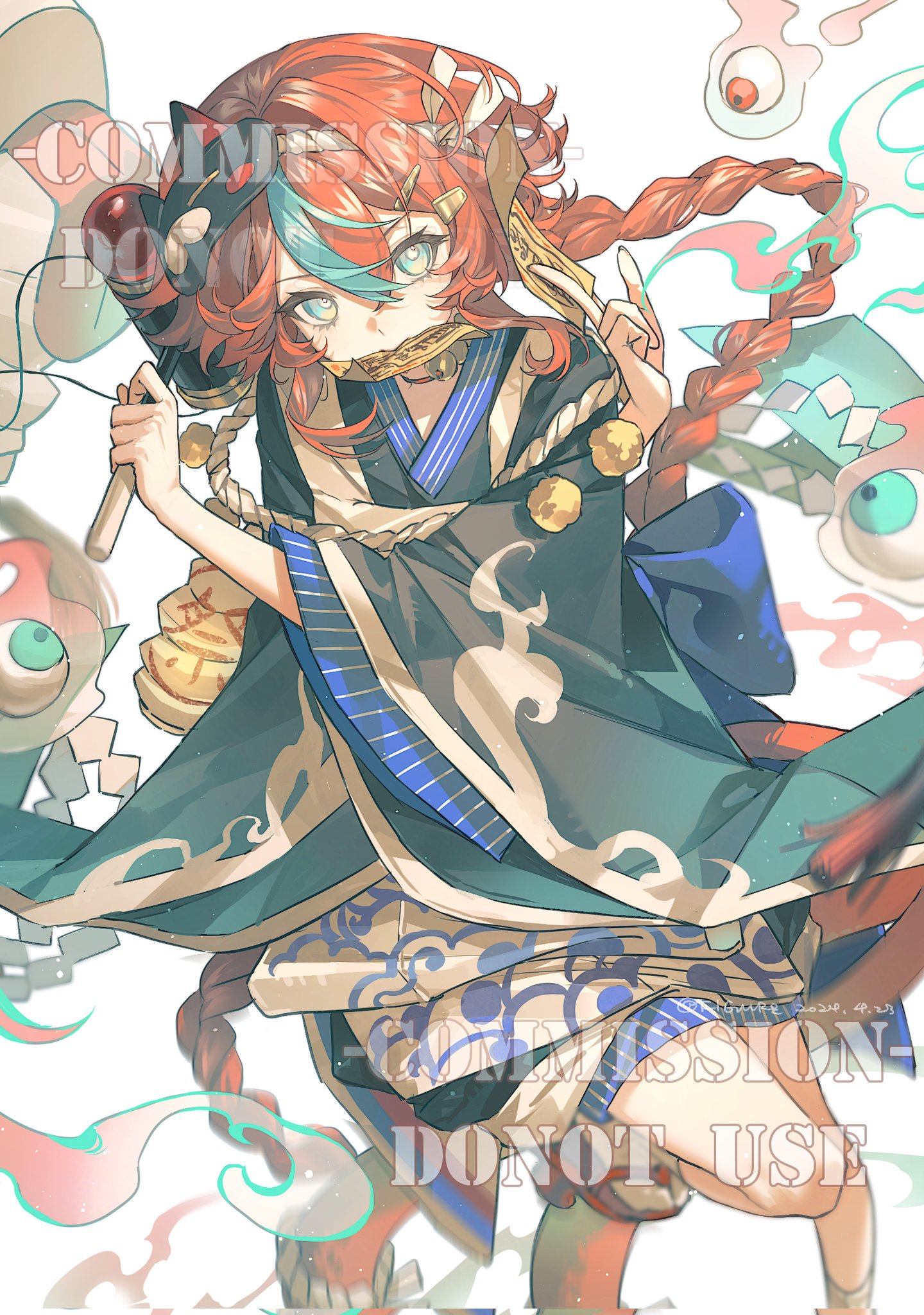 a digitally drawn animestyle image depicts a young woman with red and teal hair, styled in braids and curls, wearing a traditional kimono. she has blue eyes and is surrounded by elements of japanese folklore, including floating eyes and decorative objects. the image has a light and airy feel, with a color palette of blues, oranges, and golds. the style is reminiscent of modern anime art.