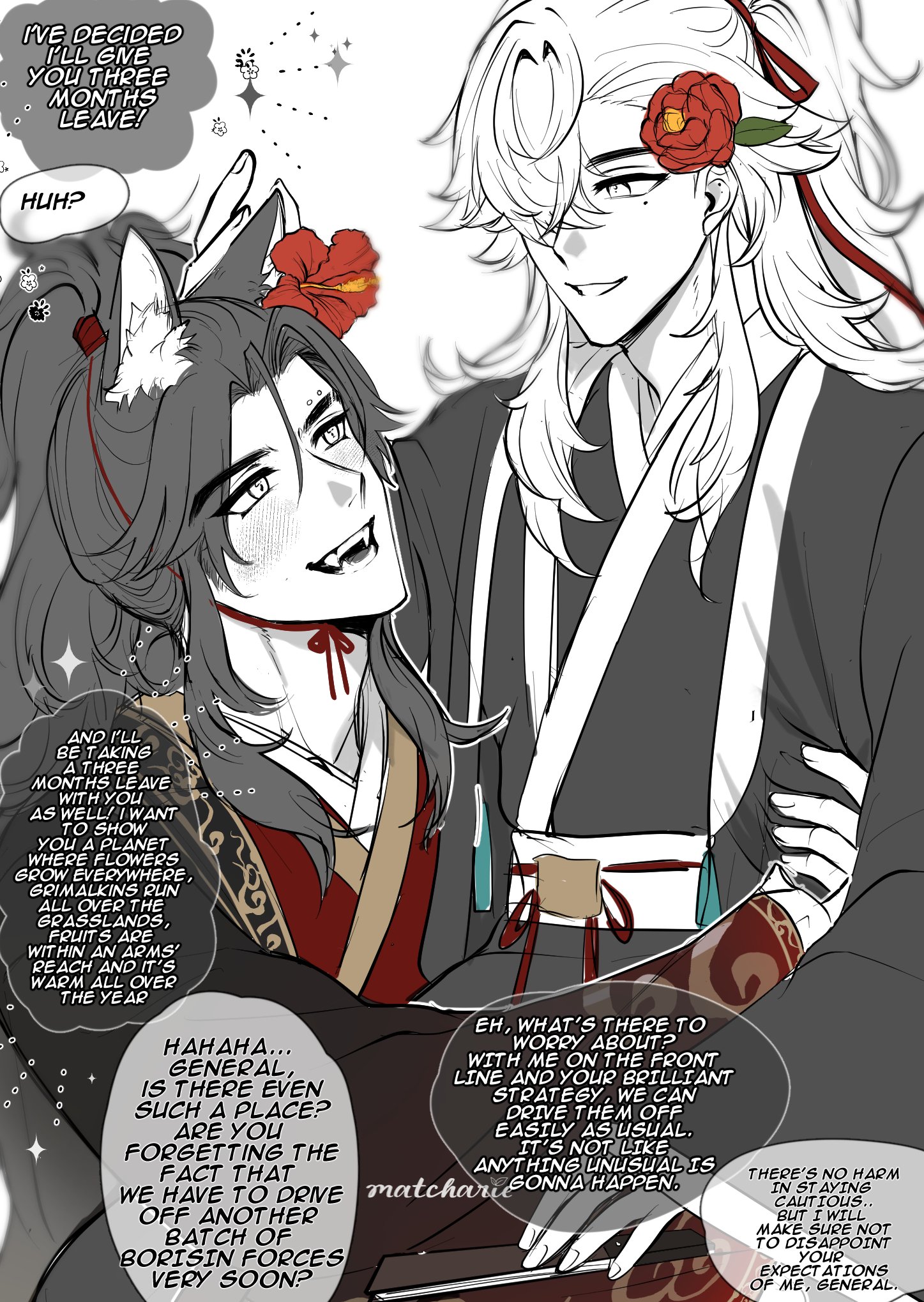 the image is from a manga/anime and features two males talking to each other. the one in the background is whitehaired, and the one in the foreground is blackhaired with red clothes on. both are dressed in a traditional japanese outfit. they are standing in front of a white background with the text bubbles on the side. the text bubbles are  related to a book that is shown in the foreground.