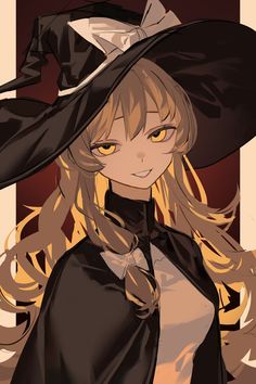 this image is a digital illustration of a young woman dressed as a witch. she has long blonde hair, striking yellow eyes with catlike pupils, and a sly smile. she wears a large black witch's hat with a white bow on top. a dark cape with a white collar drapes over her shoulders, and a hint of a brown garment can be seen underneath. the background is a dark, warm color, and the lighting is soft, giving the image a gentle yet mischievous atmosphere.