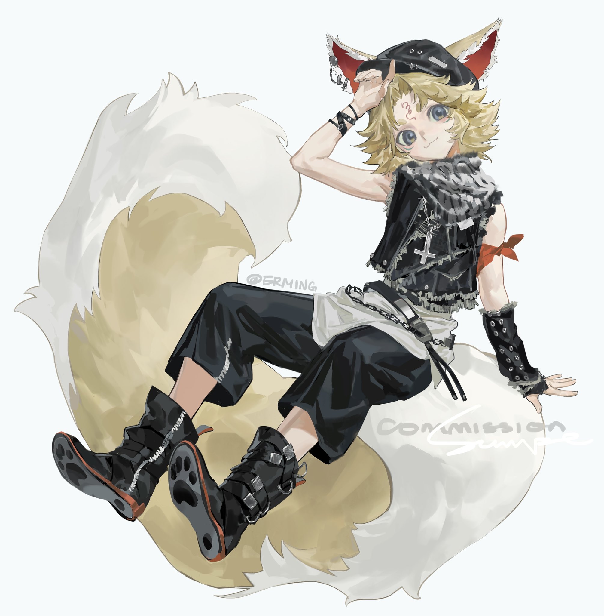 a digital illustration of an animestyle furry boy character.  the character is a fox with white fur and is wearing black punkinspired clothing, including boots, gloves, a scarf, and a chain belt.  they are sitting on their fluffy white tail with their arm raised and a red cap on their head.  the character appears friendly and happy.  the illustration is made in a semirealistic style and is done by a digital artist.