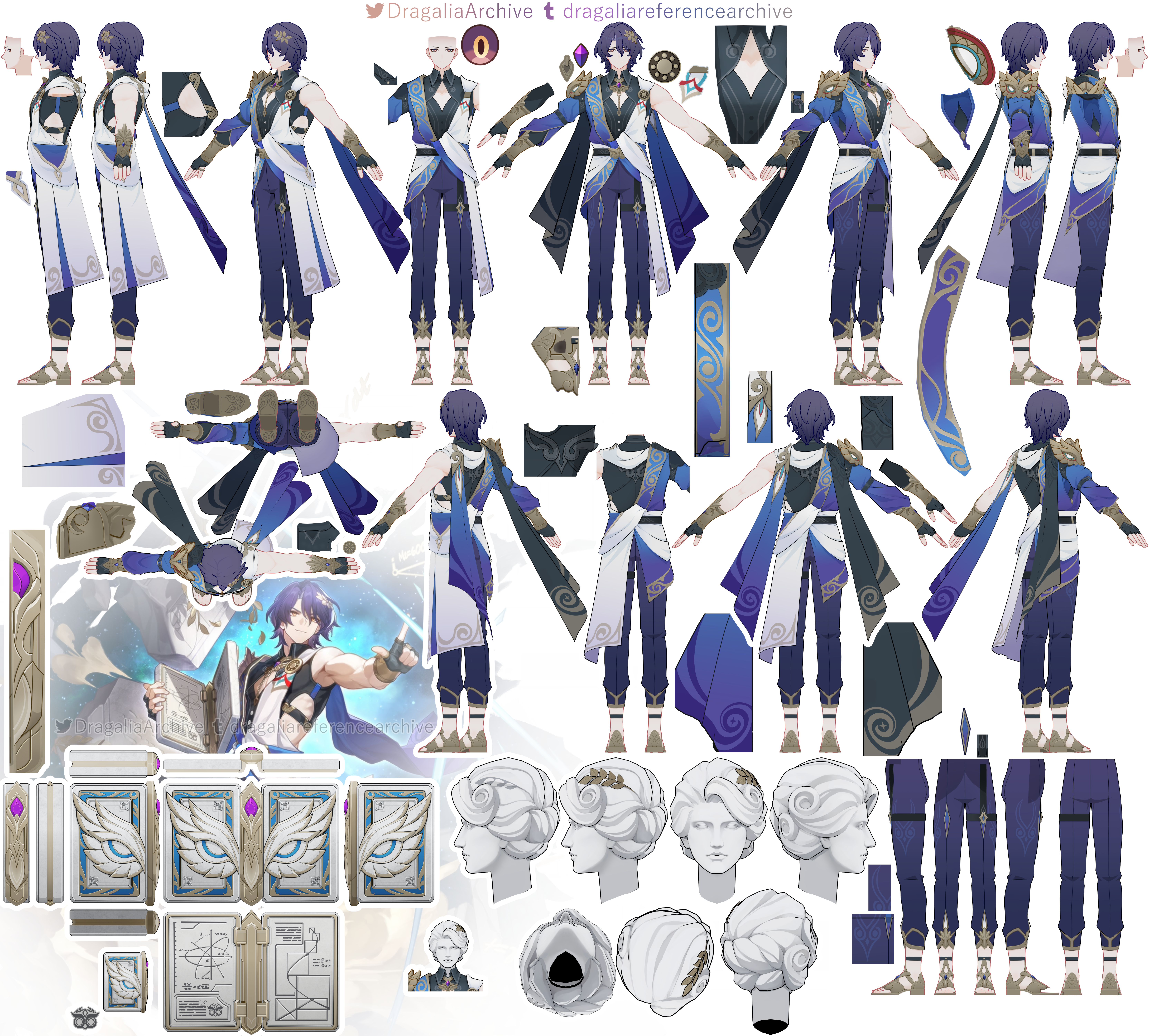 the image is a detailed model sheet or sprite sheet for the genshin impact character cyno. it shows a comprehensive breakdown of his design, including multiple views (front, back, side, etc.), various poses,  individual clothing and accessory components for potential use in game development, animation, or papercraft projects.  the sheet is organized and meticulously displays the character's overall appearance, as well as small, detailed parts of his clothes and accessories.  there are also separate images depicting different hairstyles and head pieces.