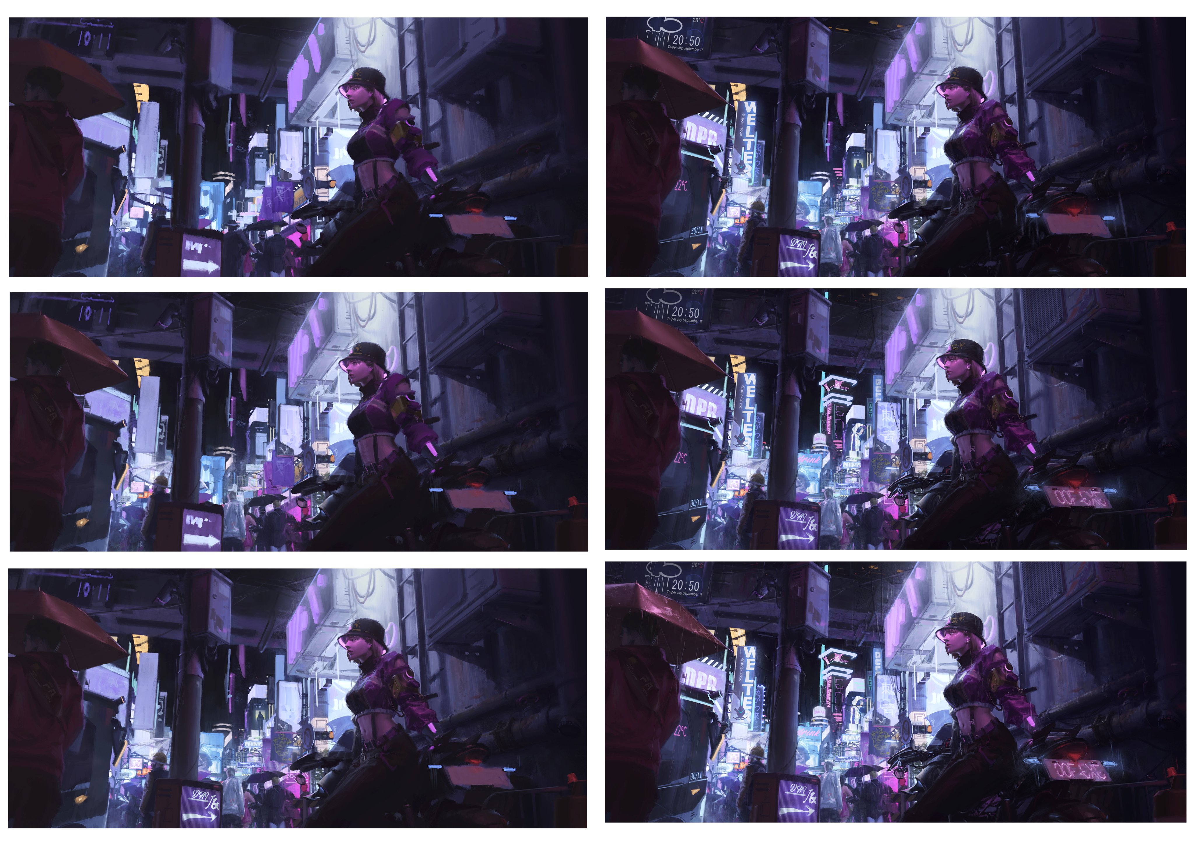 the image depicts a cyberpunk cityscape at night, filled with neon lights and signs. a female character wearing a hat, goggles, jacket, and corset is prominently featured in the foreground. a crowd of people moves through the street, illuminated by artificial lights. the scene includes tall buildings and hints of rain.