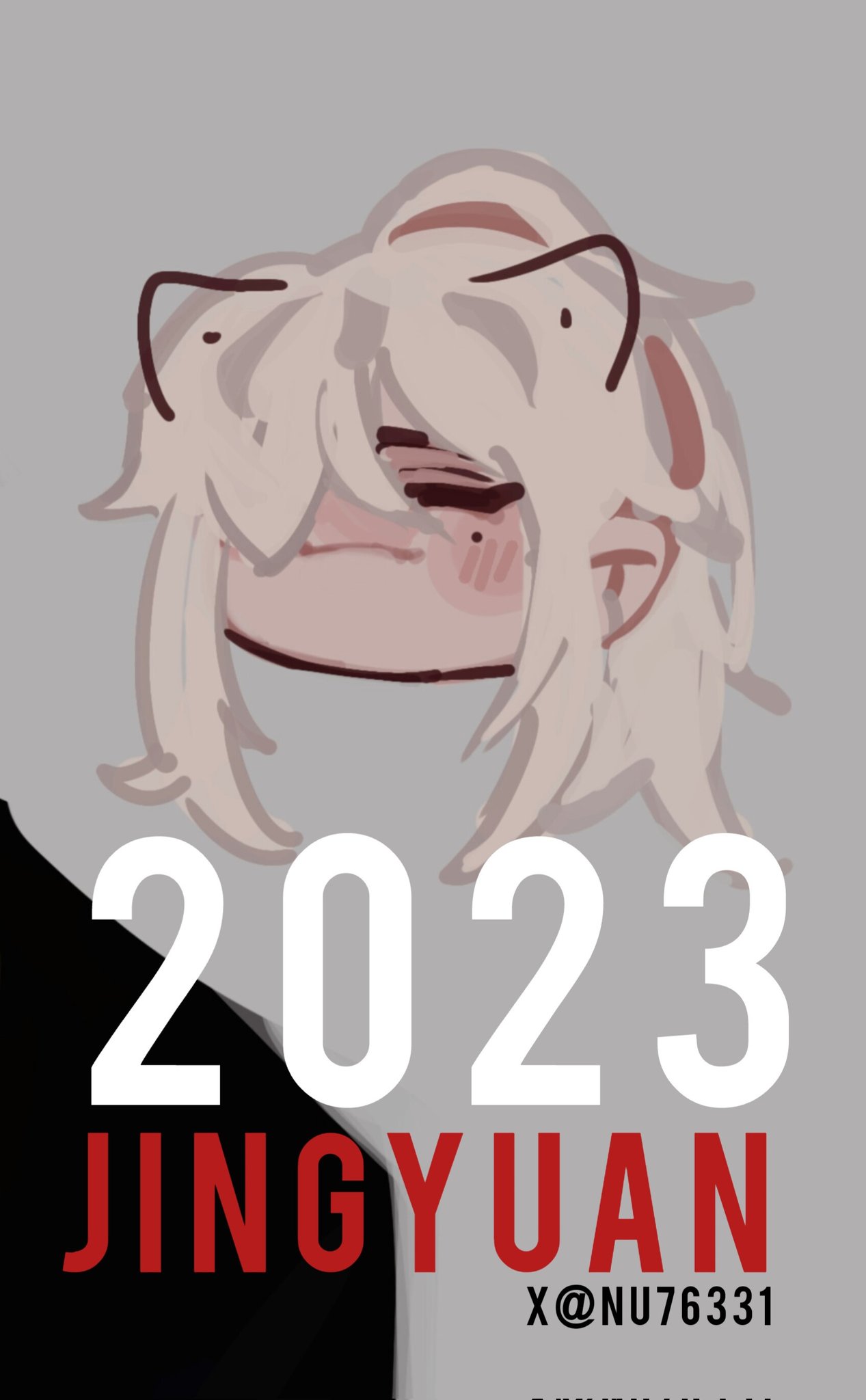 this is a digital artwork of the anime character jingyuan from the game honkai: star rail, the character has pink hair and eyes. the image also has the words "2023" and "jingyuan" and the artist's username on social media "x@nu76331."