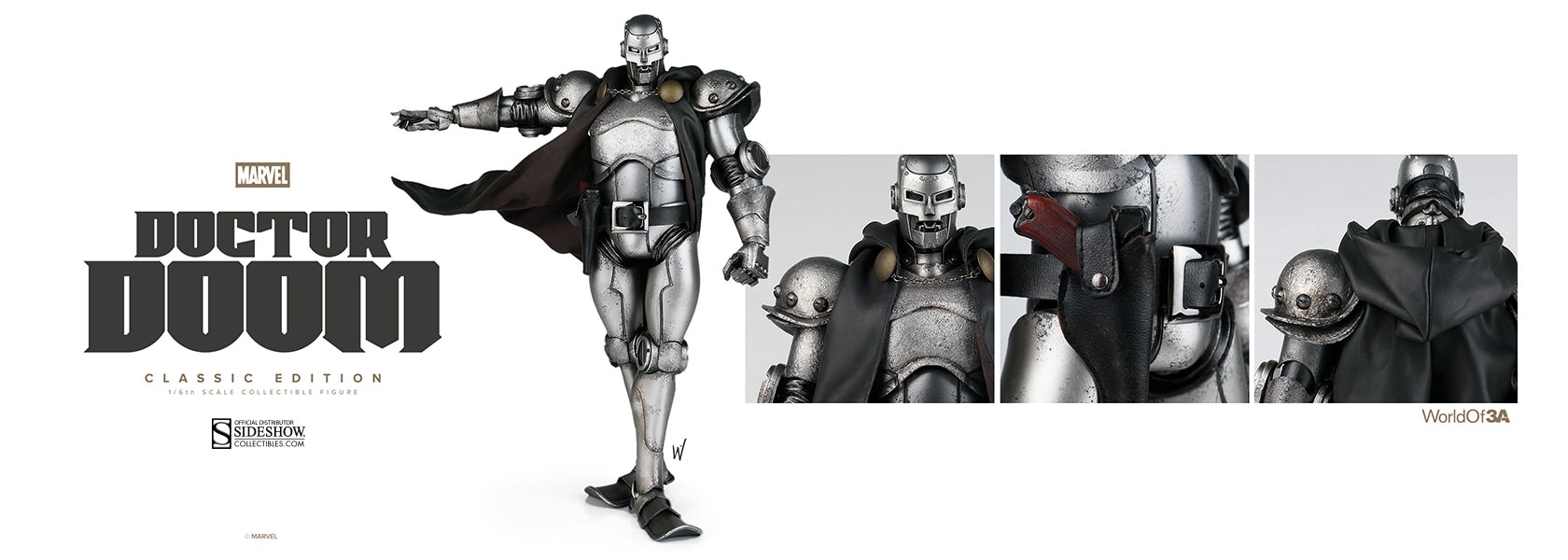 this image is a promotional shot for a 1/6 scale collectible figure of doctor doom produced by sideshow collectibles in collaboration with worldof3a.  the main image showcases the fully assembled figure, posed dramatically with a cape. closeup shots highlight details of the armor, cape, and weaponry. the backdrop includes the marvel logo and branding information for sideshow collectibles. the figure is metallic silver and black, with a detailed design that gives the impression of aged metal.