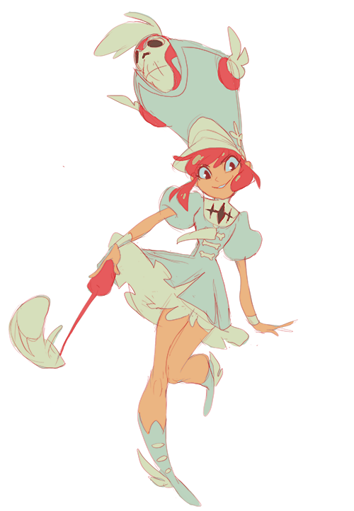 this is a digital art sketch of an anime girl character.  she has red hair and is wearing a blue dress with a green and white trim. her hat has a skull on it and she has a green and white tail. she is smiling and looks to be running or jumping.  the image is in a digital art style with loose lines and color.