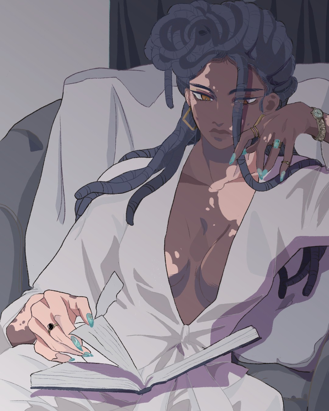 the image is a digital illustration of a darkskinned woman with long, dark braids styled in a bun. she is wearing a loose, light gray robe that is open at the chest, revealing some cleavage.  she has on several gold rings and a watch on one wrist. the woman is sitting in a chair, seemingly relaxing and reading a book,  her expression is somewhat pensive, and her gaze is directed slightly away from the viewer. the overall style is a blend of anime and realistic elements, with soft lighting and muted color tones contributing to a calm yet alluring atmosphere. the image is detailed, showcasing careful attention to the character's features and clothing textures.