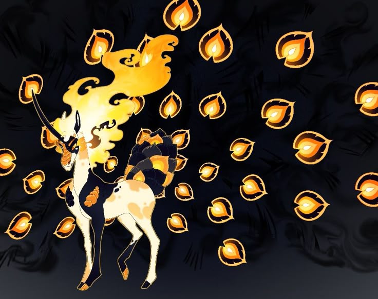 the image shows a digital art illustration of a deerlike creature with fantastical features against a dark background. the deer has a horn, and its fur is a combination of black, white, and orange with unique patterns. its tail is segmented with a checkerboard pattern of black and orange. the creature has a mane of what appears to be orange flames. the background is black with smoky textures and is filled with numerous stylized flames that look like stylized leaf shapes, with orange and gold colors. the overall style is illustrative and fantastical.